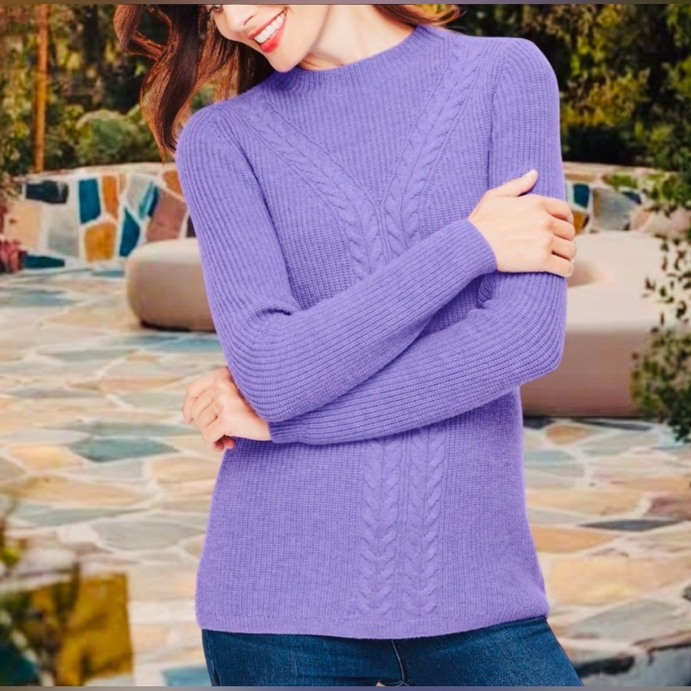 Talbots Sweater, Sz. L, Purple, Wool Blend, High Neckline, Cable Knit Front